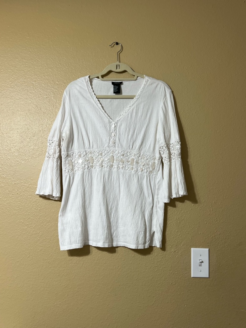Boho Lace-Trim White V-Neck Tunic Top